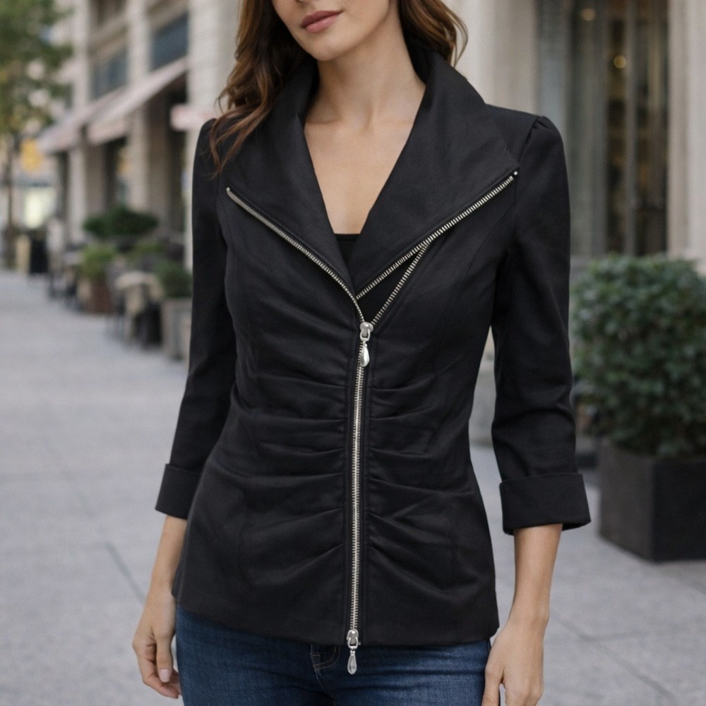 1. Joseph Ribkoff Fitted Shiny Black Zip-Up Top With Ruffles & Silver Hardware